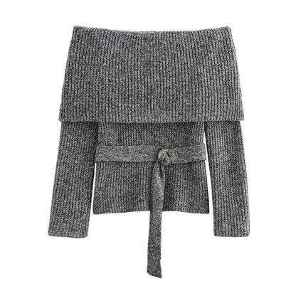 Off Shoulder Sweater With Belt Knitted Thick Long Sleeve Sweaters Female Winter Street Knitwear