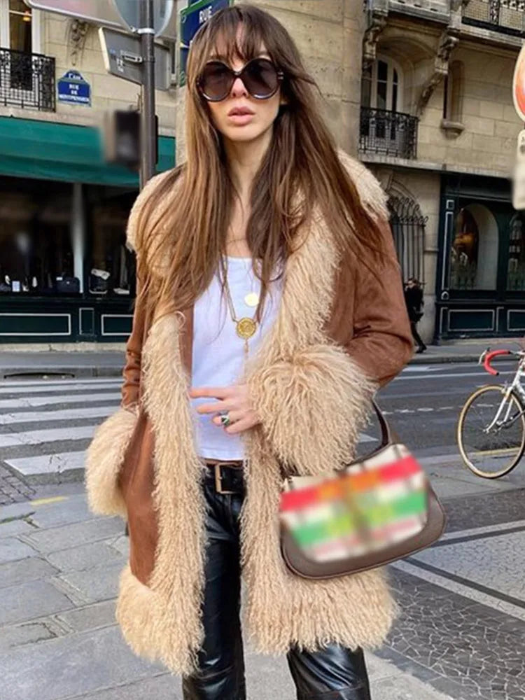 Furry Faux Fur Patchwork Coats Winter Long Sleeve Lapel Female Loose Jacket Pockets Thick Warm Lady Outwear