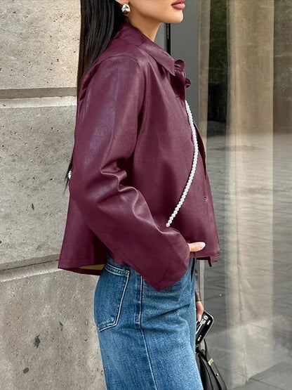 Burgundy Faux Leather Jackets Moto Biker Lapel Zipper Long Sleeve Female Coats Spring Lady Street Outwear