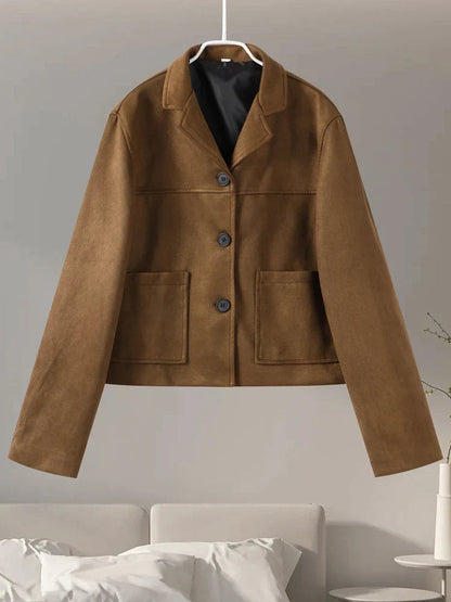 Retro Suede Female Blazer Jacket Lapel Single Breasted Long Sleeve Lady Short Coat Autumn Winter Pockets Lady Outwear