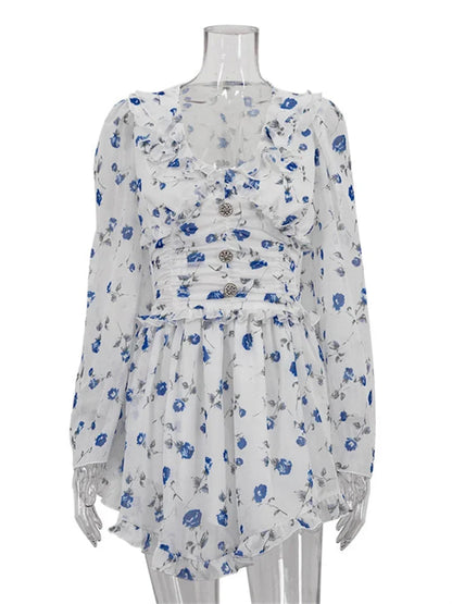 Tavimart - Ruffled V-neck Printed Mini Dress Female Bandage Autumn Lace-up Contrast Drawstring Dress for Party Dress
