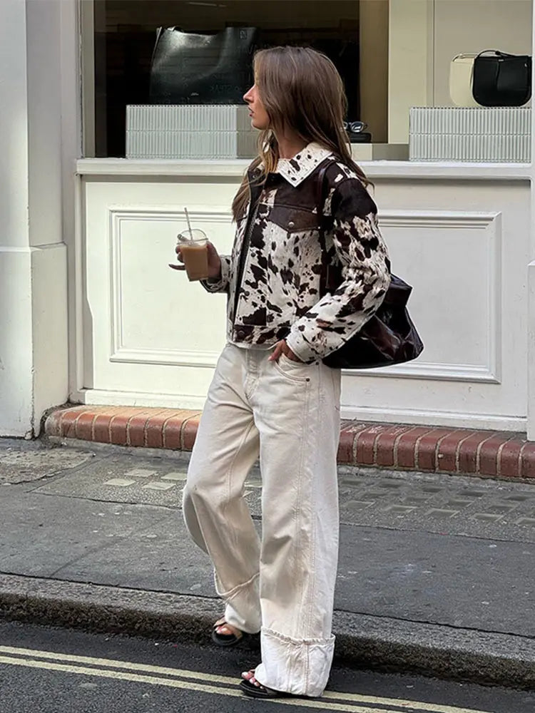 Contrast Color Printed Demi-season Jacket for Lapel Single Breasted Lapel Coat New Lady High