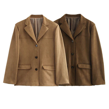 Autumn and Winter Suede Single-breasted Blazer Female High Street Lapel Long Sleeve Coat Mujer