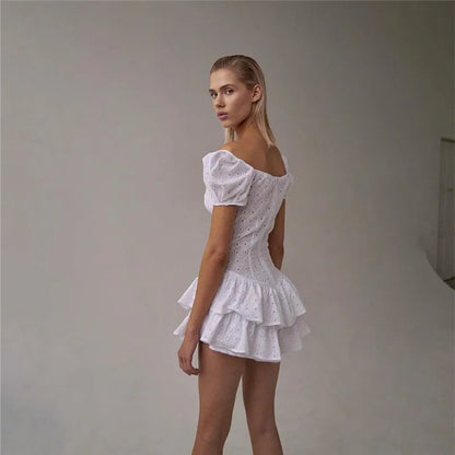 Pleated Puff Sleeve Ruffle V Neck Mini Dress