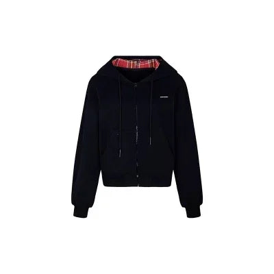Tavimart - Plaid Patchwork Hoodies Gray 90s Retro Sweatshirt With Zipper Oversized Autumn Winter Clothes