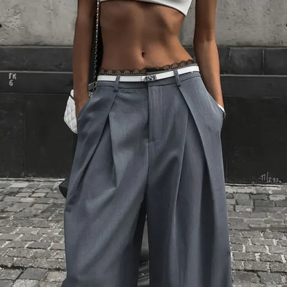 Y2k Lace Patchwork Waist Pants Baggy Korean Office Oversize Trousers Basic Old Money Pantalones