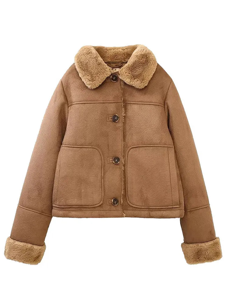 Color Thicken Lapel Short Jacket Winter New Woman Single Breasted With Pockets Coat High Street Outerwear