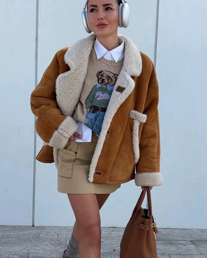 Lamb Woolen Spliced Warm Coat for Side Buttons Lapel Full Sleeve Jackets Lady Autumn Winter Thick Outwear