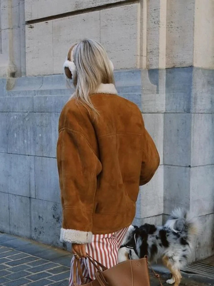 Lamb Woolen Spliced Warm Coat for Side Buttons Lapel Full Sleeve Jackets Lady Autumn Winter Thick Outwear