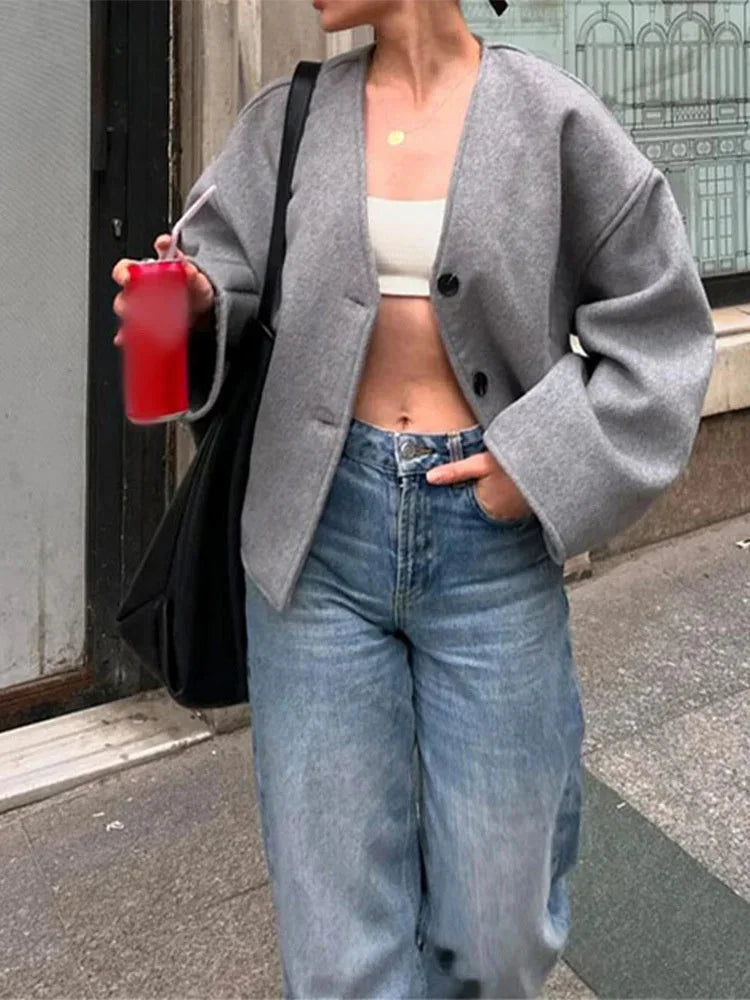 Single Breasted Short Coats Long Sleeves V Neck Crop Jackets Autumn Lady Commuter Outerwear