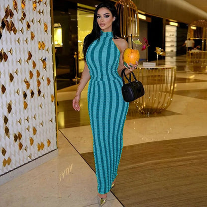 Patchwork Halter Ruched Maxi Dress