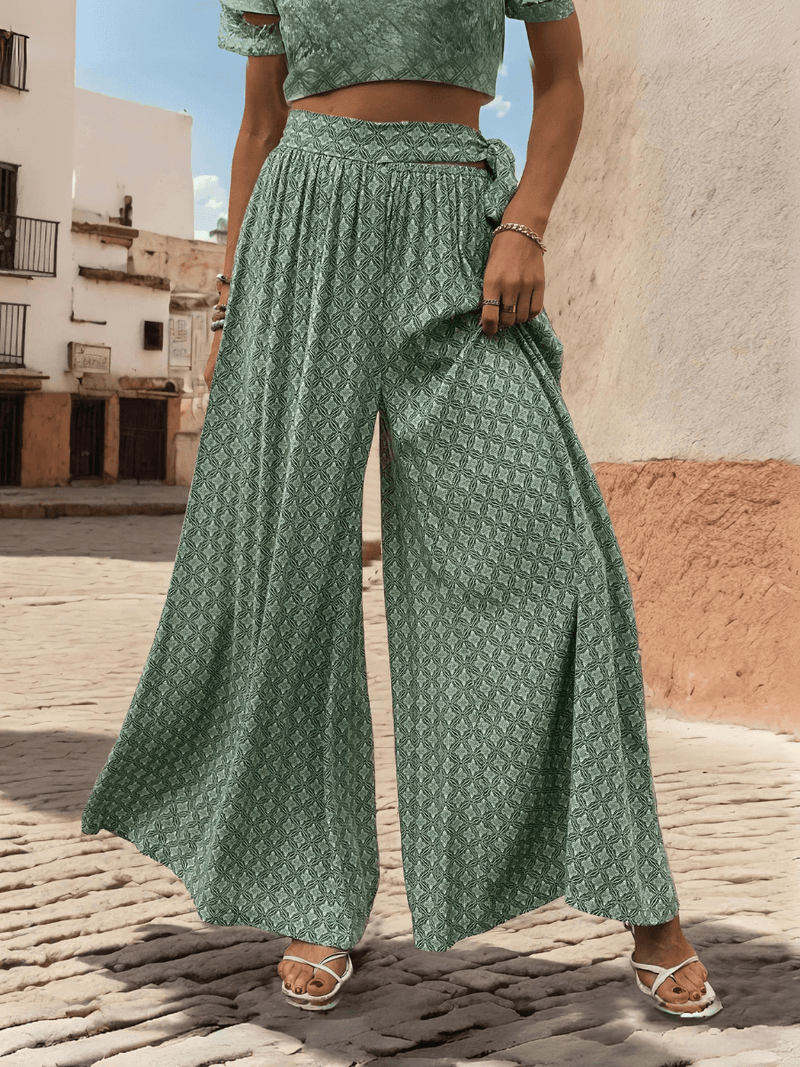 Maureen Printed Waist Tie Wide Leg Pant - Green
