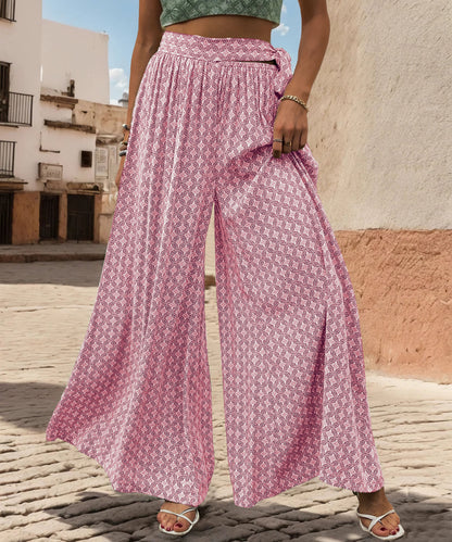 Maureen Printed Waist Tie Wide Leg Pant - Pink