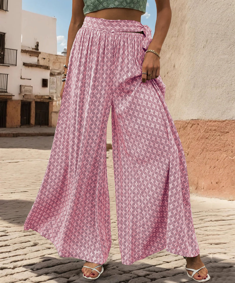 Maureen Printed Waist Tie Wide Leg Pant - Pink