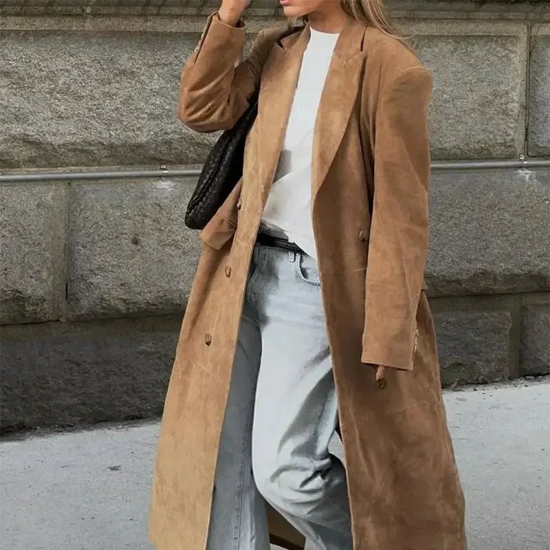 Long Long Sleeve Turn-down Collar Double Breasted Female Coat Autumn Lady Jacket New