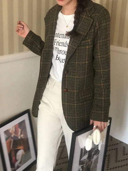Wool Blends Coats Plaid Woolen Jacket Commute Blazer Korean Long Sleeve Outerwears Winter Overcoat