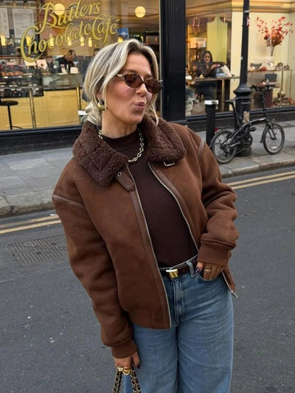 Coffee Lamb Wool Lapel Jackets for Zipper Long Sleeved Thicken Warm Coats New Female Winter