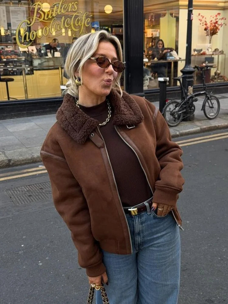 Coffee Lamb Wool Lapel Jackets for Zipper Long Sleeved Thicken Warm Coats New Female Winter