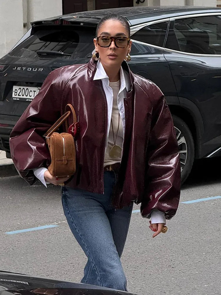 Lady Retro Color Stand Up Collar Pilot Jacket New Long Sleeved Zipper Jackets High Street Commuter Coat