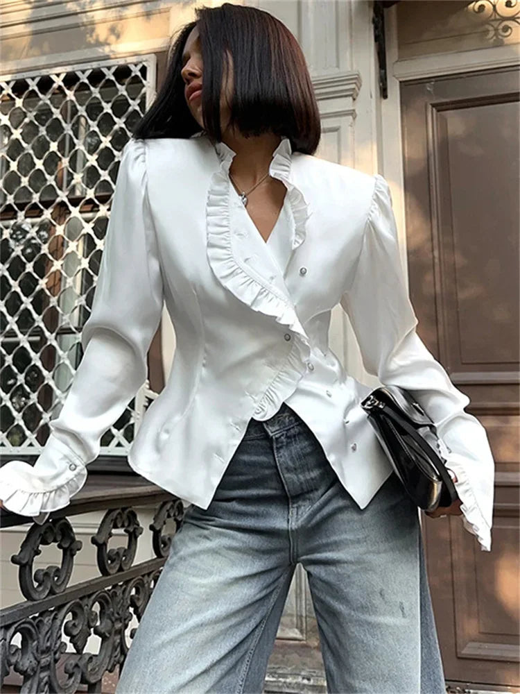 Taivimart - White Ruffled Shirts for Patchwork V-neck Long Sleeve Autumn Female Cardigan Blouses