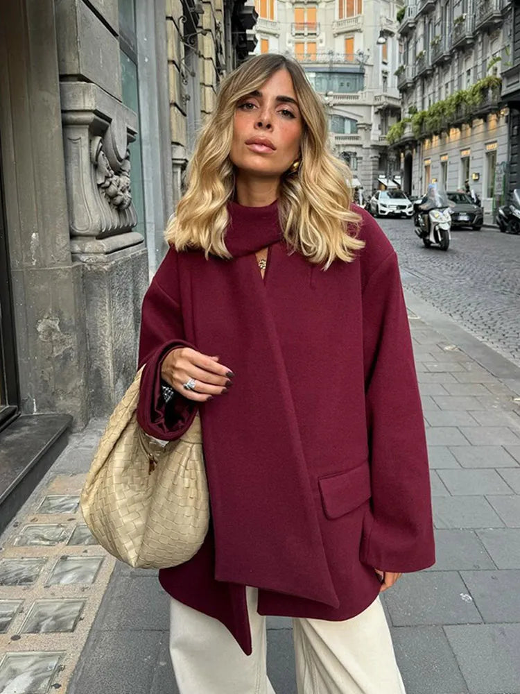 Causal Burgundy Autumn Full Sleeve Woolen Coat With Scarf Single Breasted Jacket Female New Office Wear