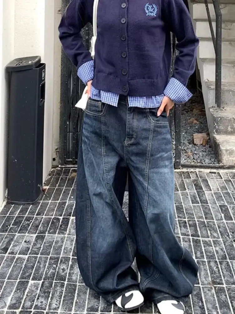 Y2k Letter Embroidery Washed Jeans Harajuku Wide Leg Denim Pants Baggy Gyaru Scimitar Trousers