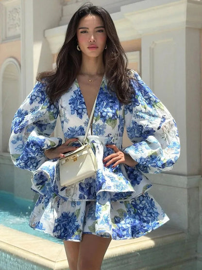 Print Ruffle Long Sleeve A-line Mini Dress