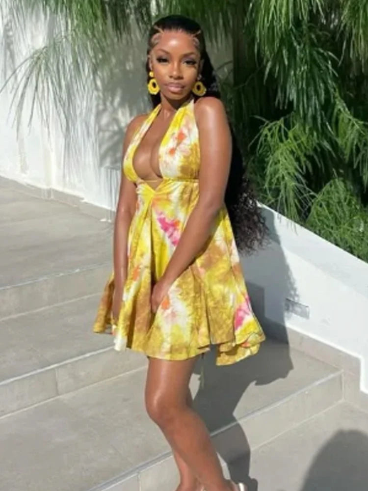 Tie-dye Halter Ruffle Hem Bandage Mini Dress
