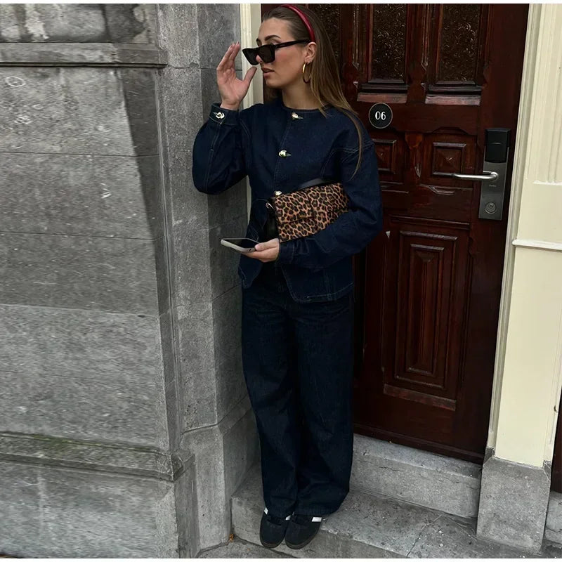 Tavimart - Y2k Denim Jacket for Spring O-neck Single Breasted Coat Female Street Long Sleeve Lady Outerwear