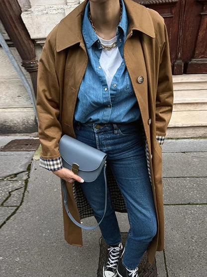 Woman Long Trench Coats Khaki Plaid Lined Lapel Single Breasted Jacket With Pocket Autumn Lady Commute Outwear
