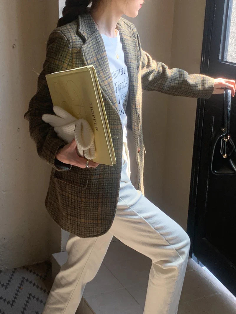 Wool Blends Coats Plaid Woolen Jacket Commute Blazer Korean Long Sleeve Outerwears Winter Overcoat