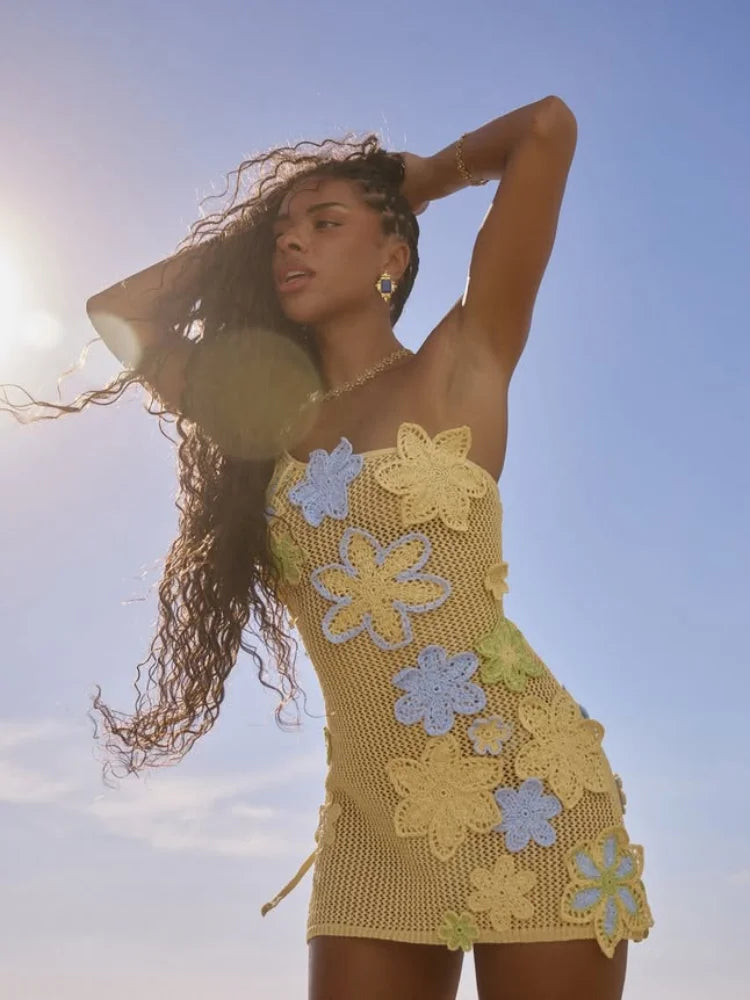 Embroidery Crochet Strap Hollow Mini Dress