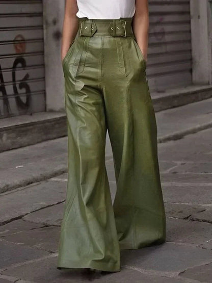 New Autumn Winter Faux Pu Pants Color Pleated Pockets High Waisted Wide Leg Trousers