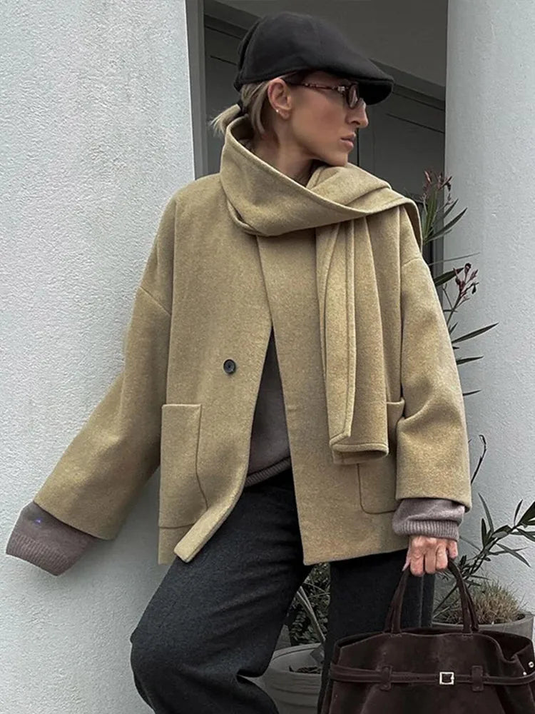 Woolen Scarf Collar Coat Single Breasted Thicken Warm Pocket Loose Jacket Winter Long Sleeve Outwear