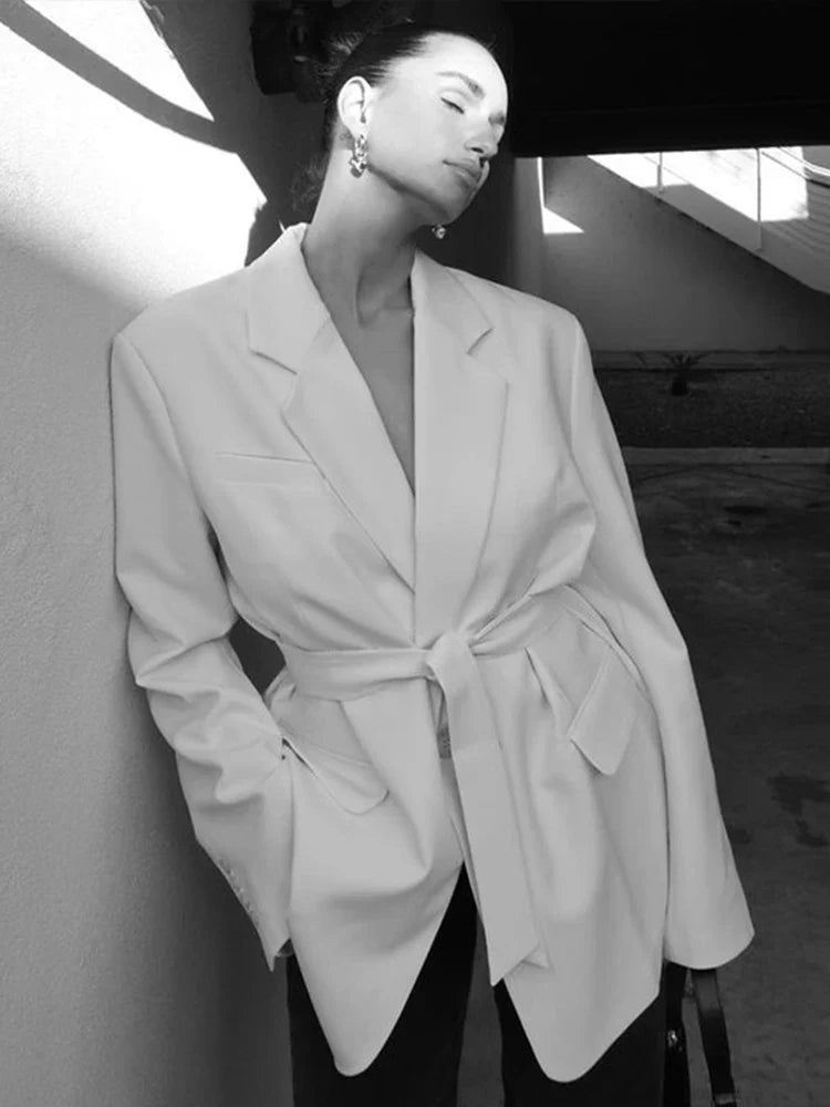 Loose Waist Cinching Belt Full Sleeve Jacket Female Tailored Coat Retro Lapel Suit Jackets