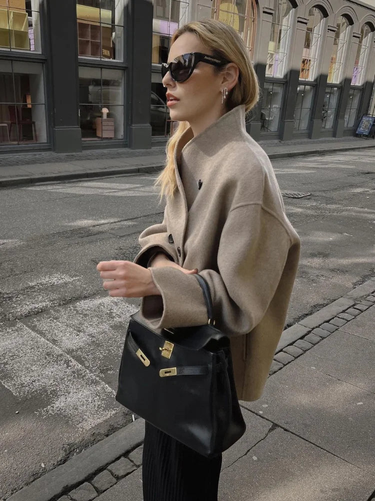 Wool Coats Loose Double Breasted Stand Collar Short Jacket Fall Winter Coat Female Commute Outerwear