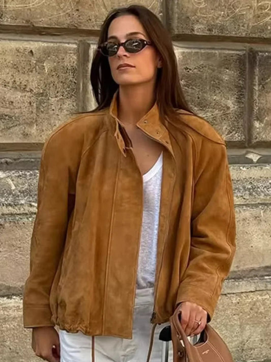 Long Sleeve Stand Collar Female Coats Suede Zipper Jacket for Autumn New Lady Pockets Outerwear Street