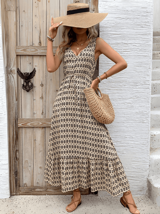 Ashlyn V-neck Tiered Maxi Dress - Beige