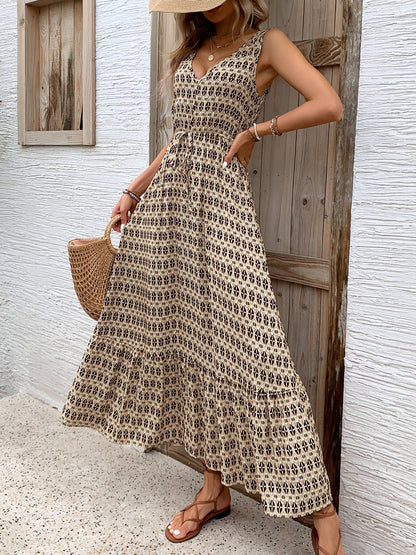 Ashlyn V-neck Tiered Maxi Dress - Beige
