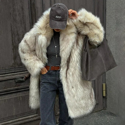 Brand Fluffy Faux Fur Jacket Winter Long Thicken Warm Gradient Fox Fur Coat Furry Overcoat