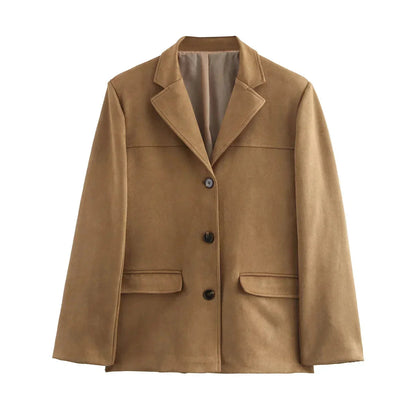 Lapel Pocket Suede Leather Jacket Loose Single Button Oversize Brown Coats Female Street Clothes