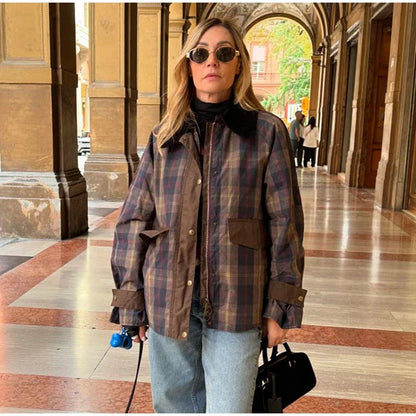 Plaid Printed Jacket Patchwork Turn Down Collar Single Breasted Female Coat Autumn Long Sleeve Zipper Outwear