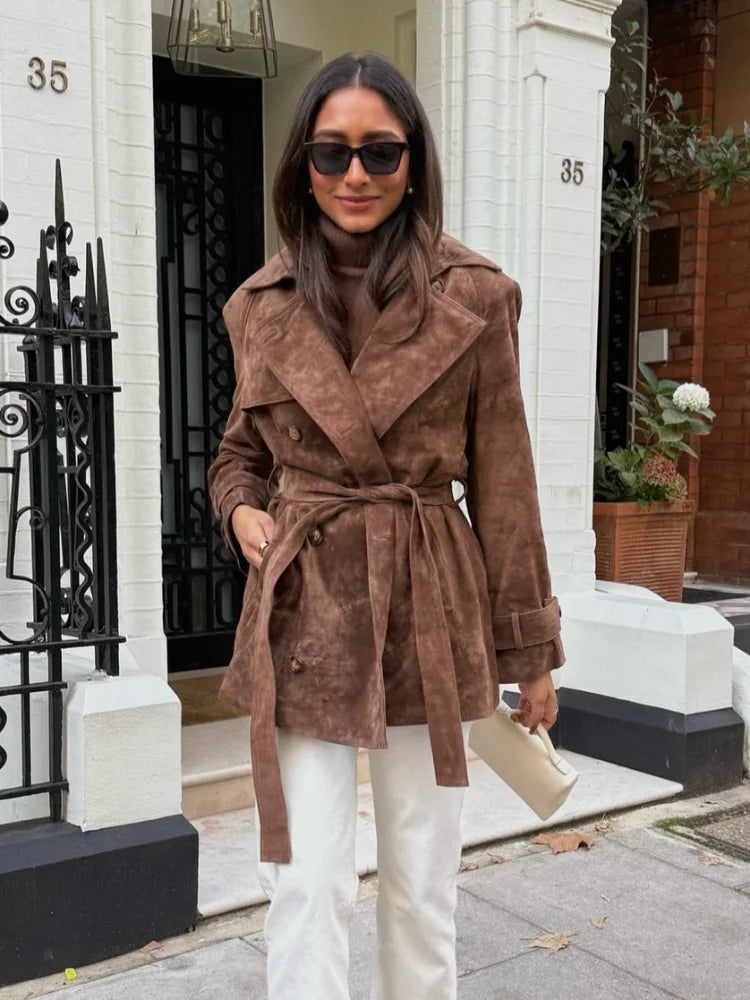 Autumn Lace Up Lapel Collar Suede Jacket Retro Double Breasted Long Sleeve Coat Lady Windbreaker