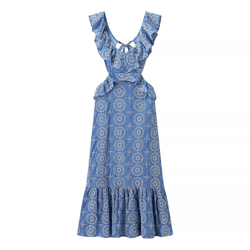 Blue Hollow Out Embroidered Midi Dress Summer New V Neck Sleeveless Ruffle Long Dresses Holiday Vestidos