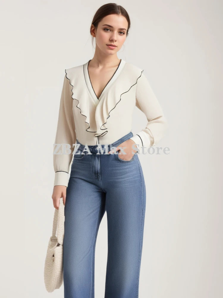 Contrast Pleated Ruffle V-neck Long Sleeve Blouse
