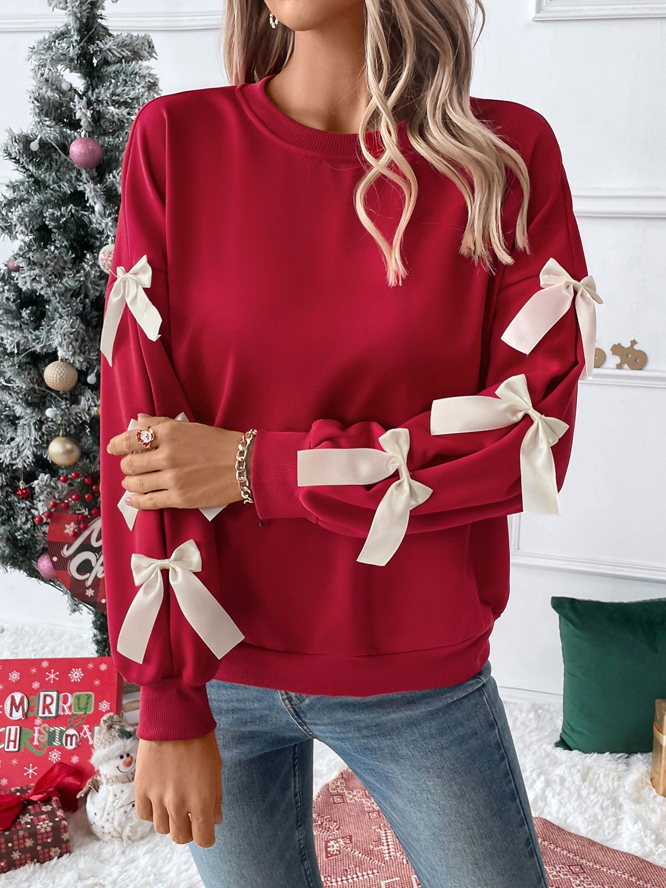 Only Christmas Lace Bow Pullover Sweater