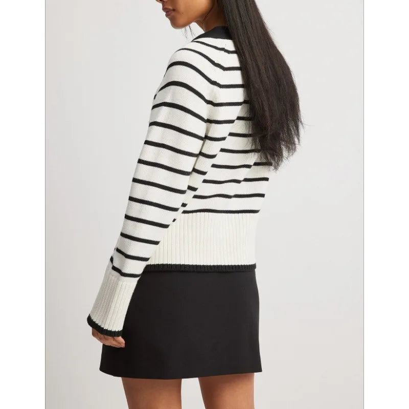 European and American Autumn and Winter New Versatile V-neck Striped Knitted Cardigan Sweater Striped Jacket