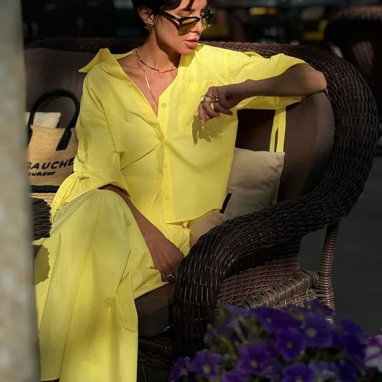Pocket Blouse Two-piece Set Single Breasted Short Sleeve Blouse+elastic Waist Long Skirts Skirts Sets