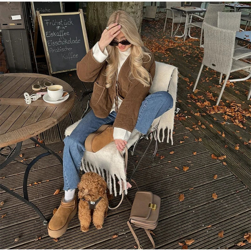 Brown Quilted Padded Suede Coat Long Sleeve Lace Up Cropped Jacket Autumn Winter Lightweight New in Outerwears