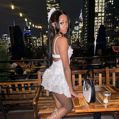White Hollow A-line Lace-up Mini Dress